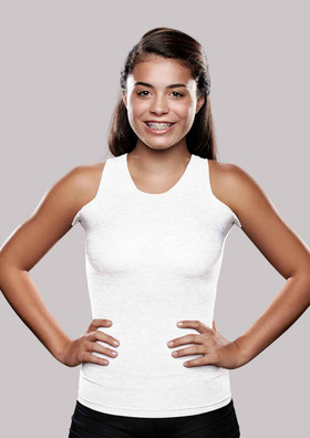 Girl wearing White Knit-Rite Lightweight Torso Interface V-Neck Tank with Double Axilla Flaps
