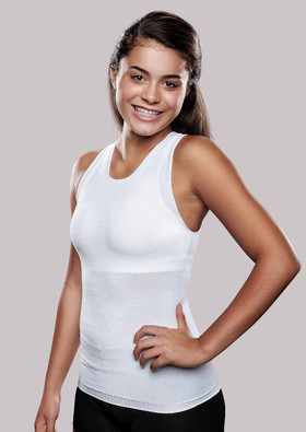 Girl wearing White Knit-Rite Lightweight Torso Interface V-Neck Tank