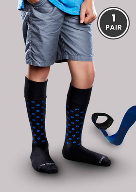 Boy with brace wearing Core-Spun Cheery AFO Patterned AFO Socks by SmartKnit for Kids