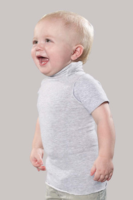 Baby wearing Knit-Rite Infant Turtleneck Interface for Mehta Procedure