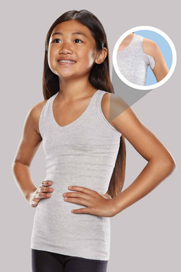 Girl wearing Grey Ionic+™ Knit-Rite Torso Interface V-Neck Tank with Left Axilla Flap