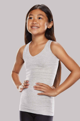 Girl wearing Knit-Rite Grey Ionic+™ Torso Interface V-Neck Tank