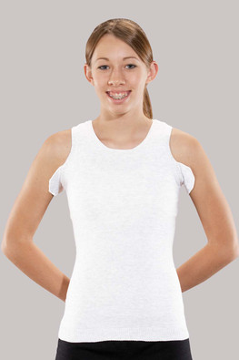 Girl wearing white Torso Interface V-Neck Tank with Double Axilla flaps