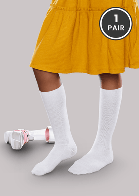 Girl wearing white SmartKnit Seamless AFO Interface Socks for Children